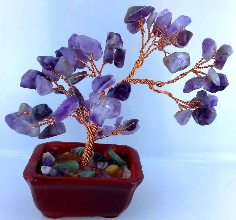 Small amethyst gemstone tree, 15cm tall, featuring vibrant purple amethyst crystals and assorted gemstones at the base.