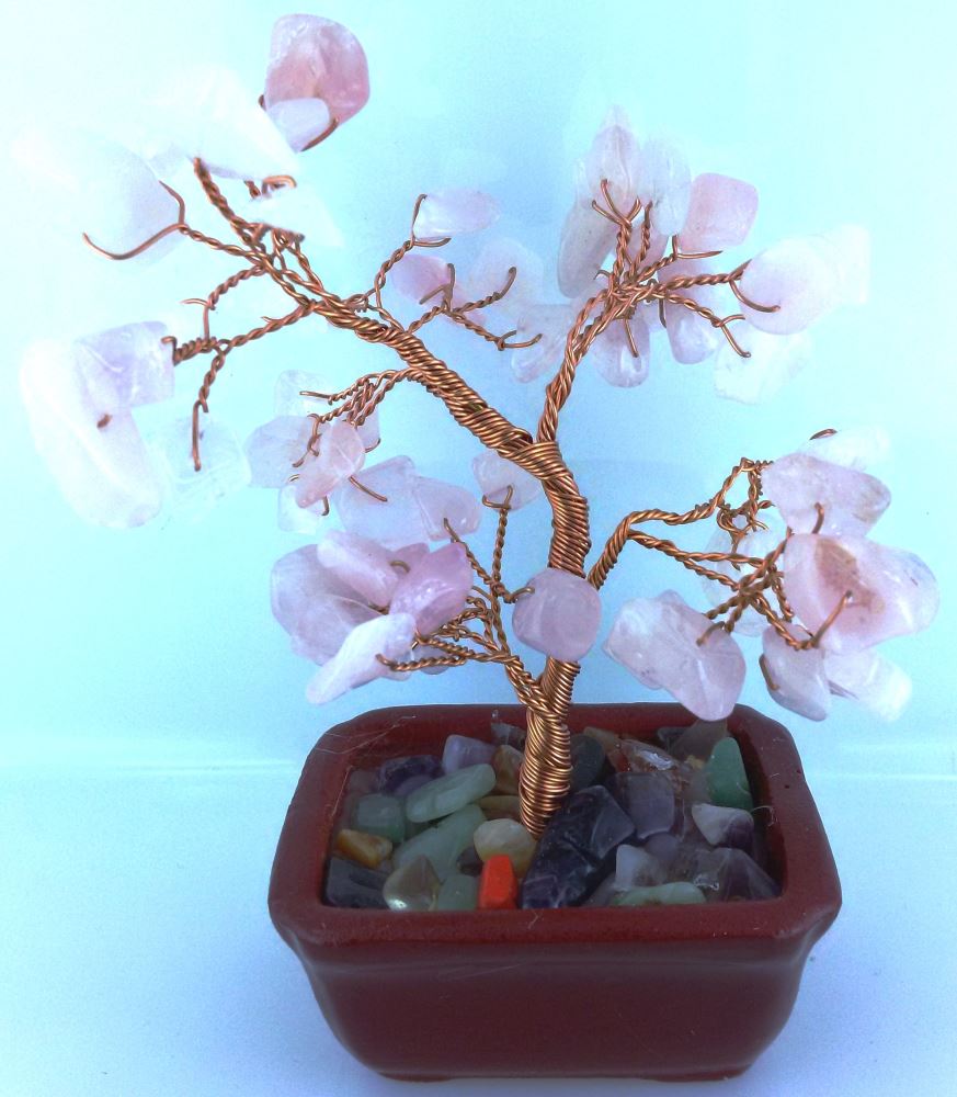 Small Rose Quartz Gemstone Tree, 15cm tall, adorned with healing crystals, promoting love and emotional balance.