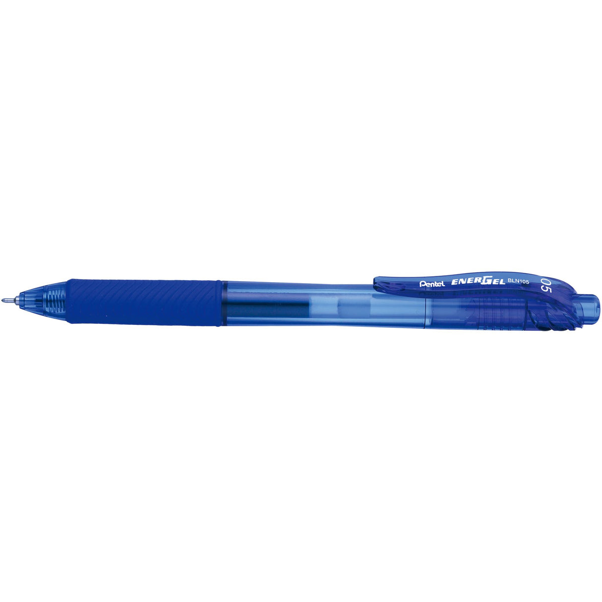 Pack of 12 Pentel EnerGel BLN105 gel pens in blue, featuring a smooth grip and quick-drying ink, ideal for precise writing.