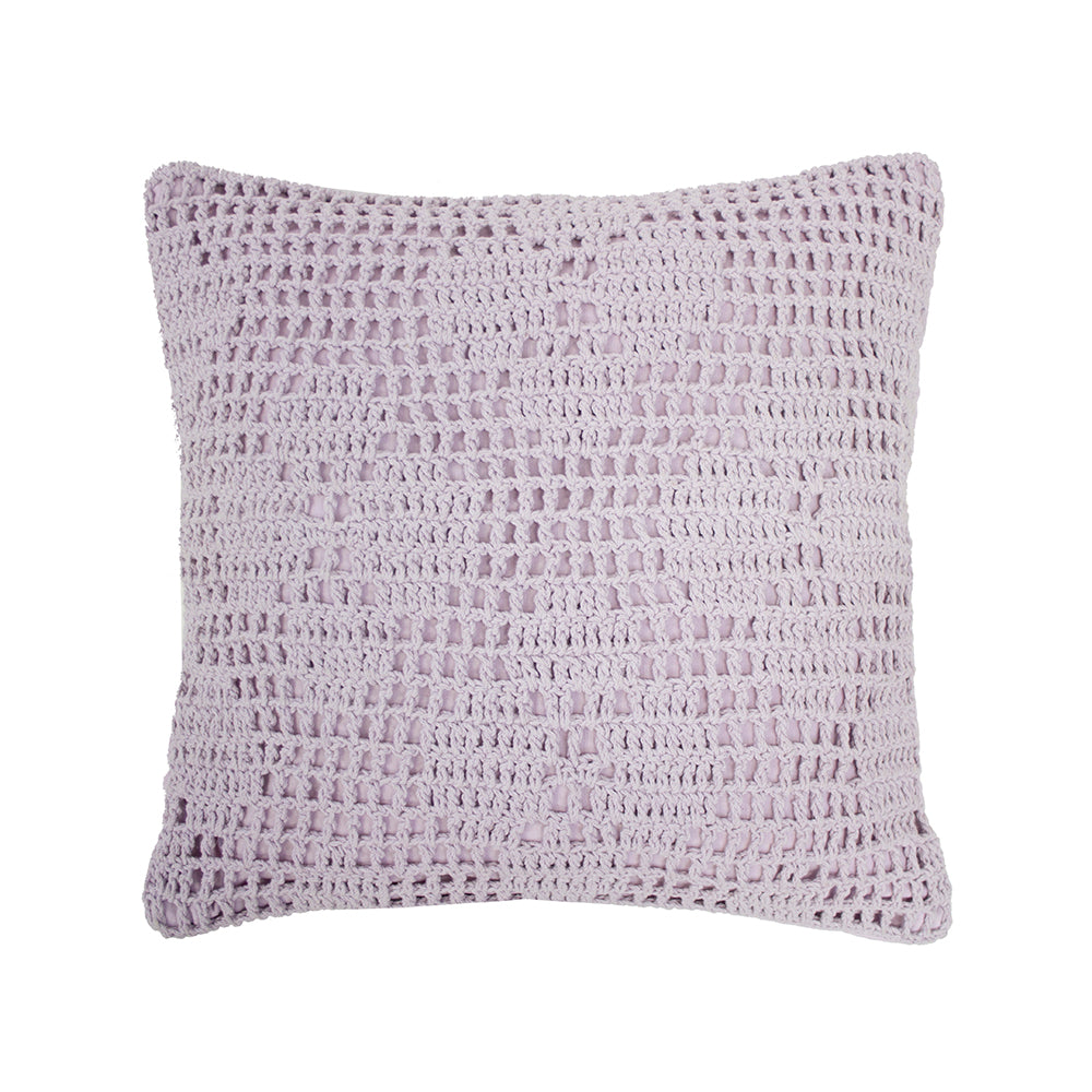 Hand-crocheted lilac square cushion with floral design, made of 100% cotton, perfect for stylish home decor.