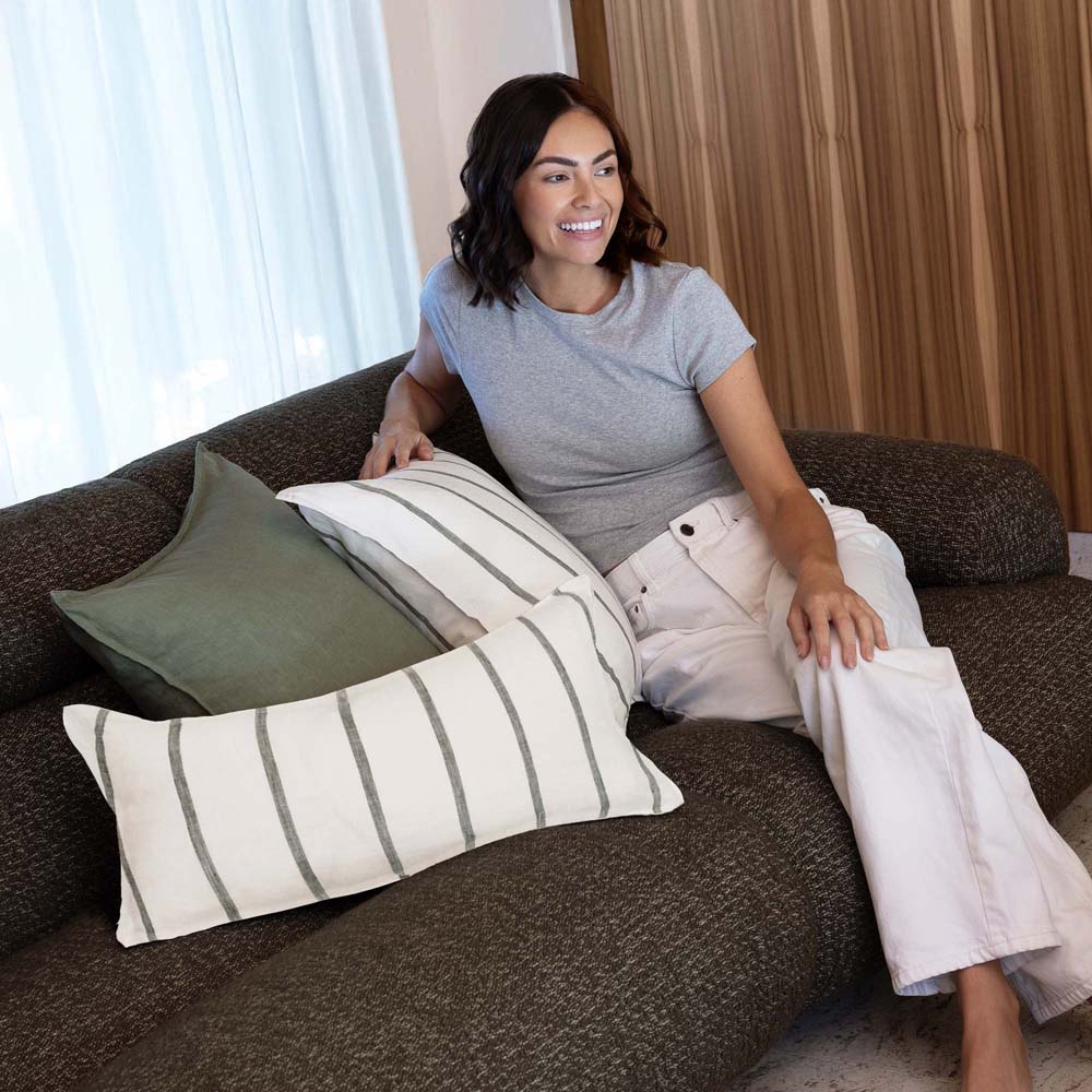 Linen Feather-Filled Rectangle Cushion 30 x 60cm Bambury - Moss Stripe