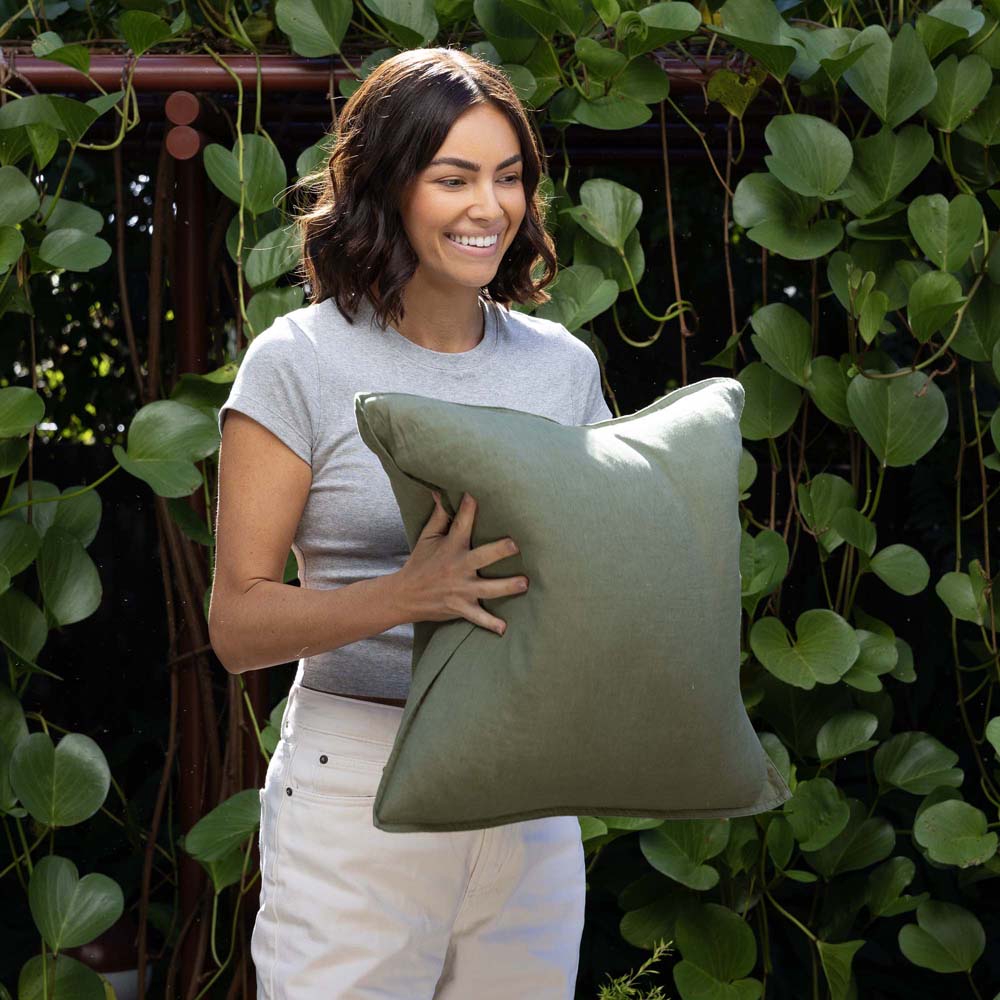 Linen Feather-Filled Square Cushion 50 x 50cm Bambury - Moss