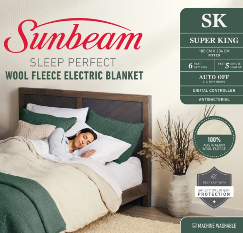 Electric Blanket - SLEEP PERFECT ANTIBACTERIAL WOOL FLEECE KING (178cm x 200cm)