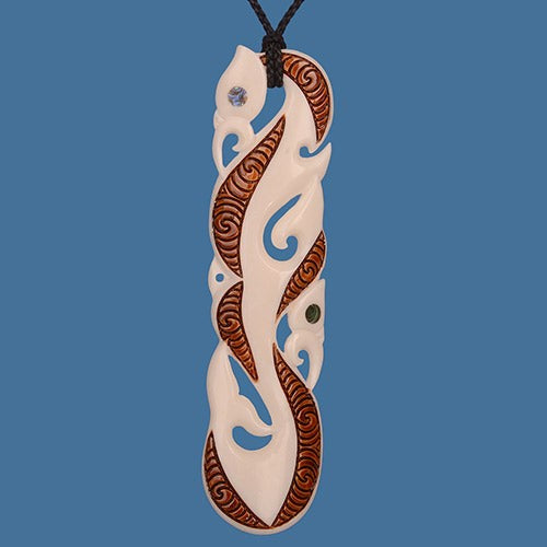 Stained Pendant - Bone Double Manaia XL (3.5 x 13.4cm)