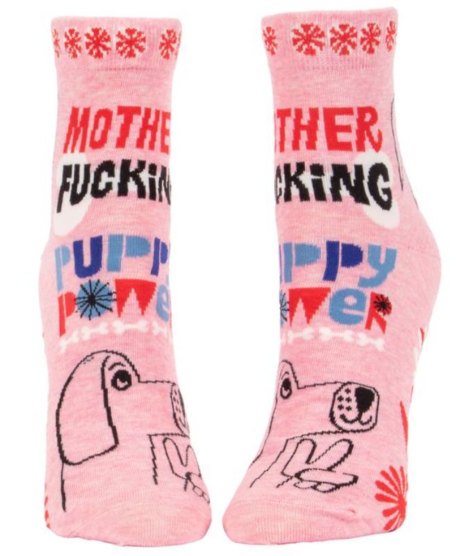 Blue Q MF'in Puppy Power ankle socks featuring playful puppy designs, soft material, and perfect for women's shoe sizes 5-10.