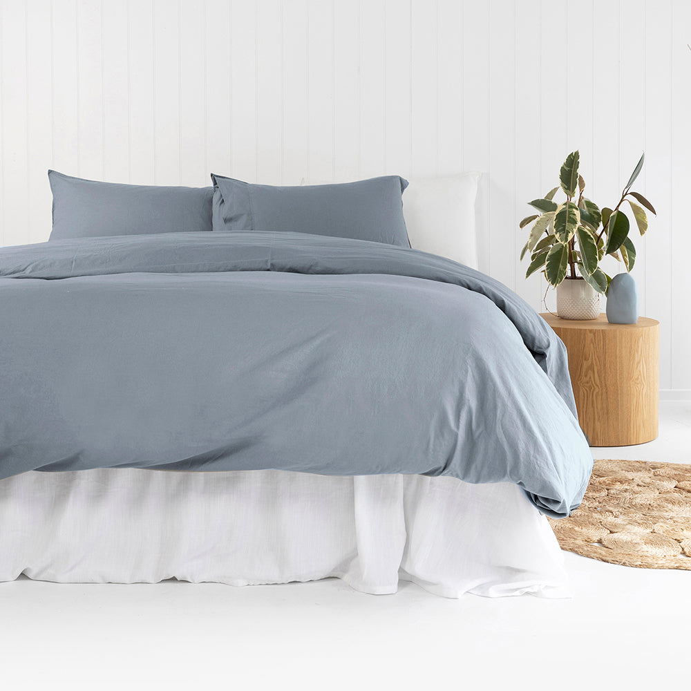 Queen Temple Organic Cotton Quilt / Duvet Cover Set Steel Blue- Bambury