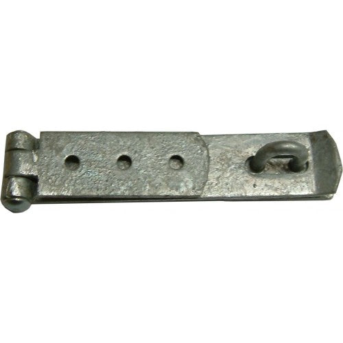 Heavy-duty galvanized hasp and staple measuring 110mm x 25mm, designed for secure locking of gates and tool boxes.
