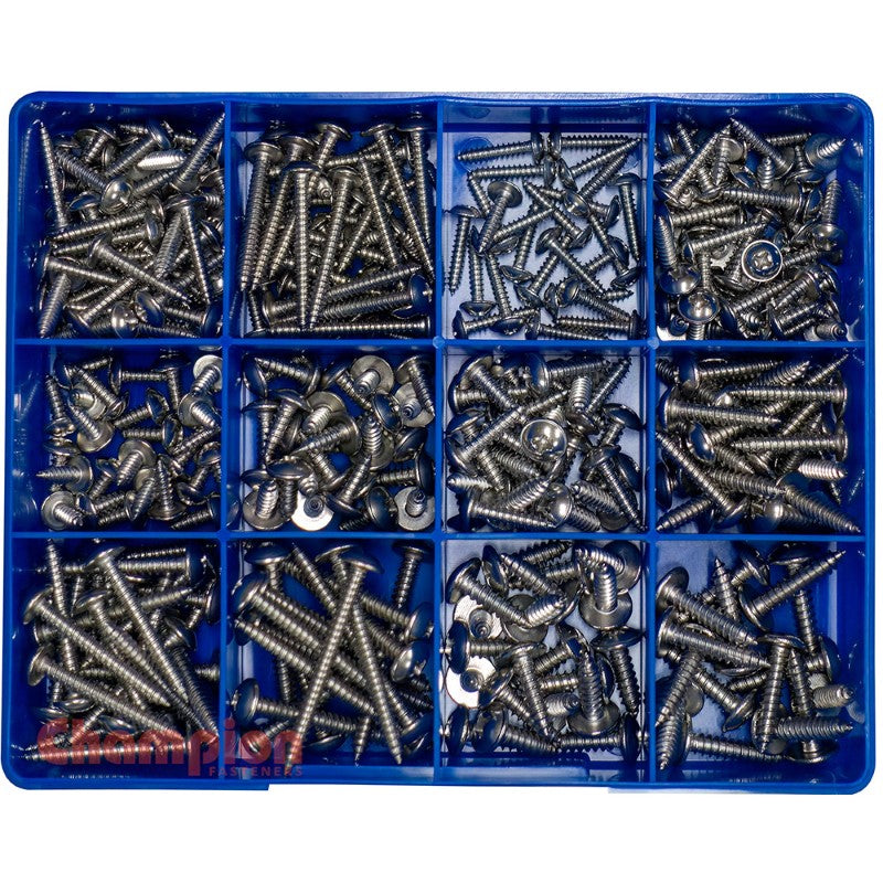 370-piece stainless steel mushroom head self-tapping screw kit with 15 sizes, ideal for various fastening needs.