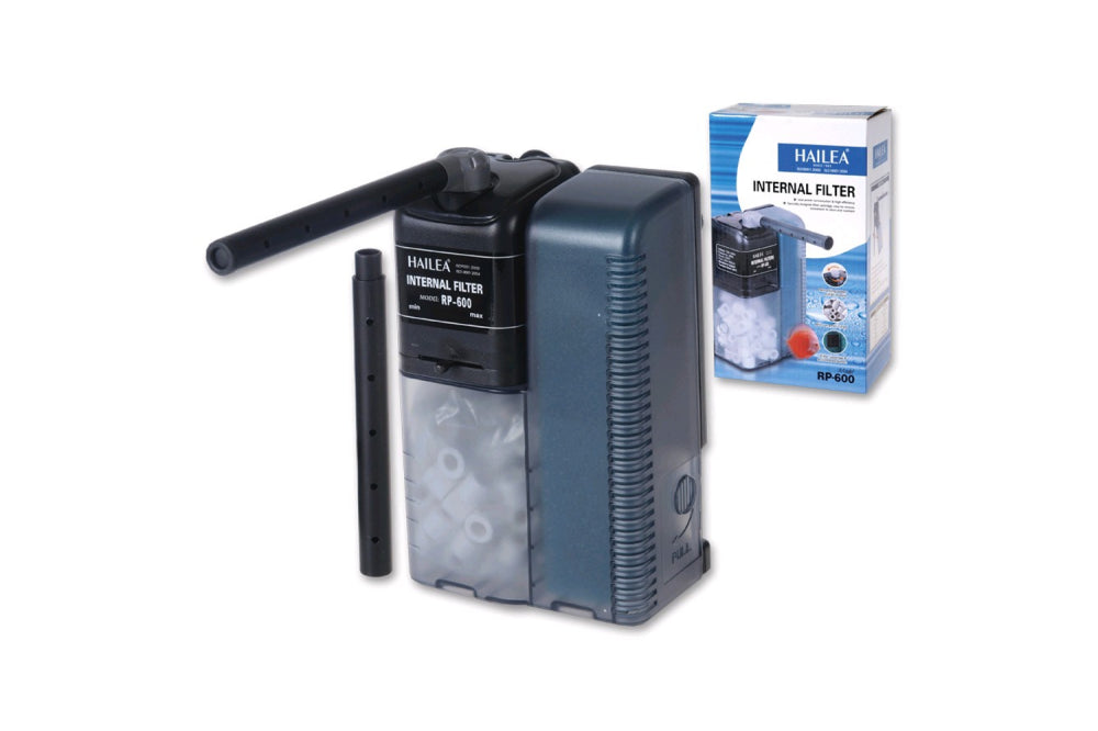 Hailea Internal Filter RP600 with adjustable flow, swivel outlet, and 500L/h flow rate for 250-400L aquariums.