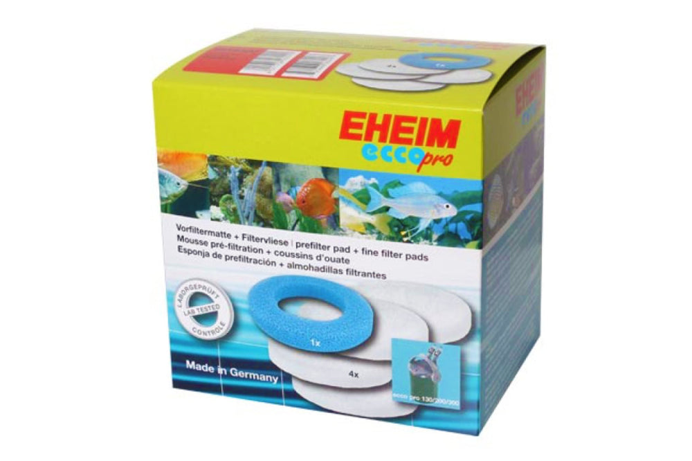Eheim Ecco Pro filter pads set with 4 white and 1 blue pad for enhanced aquarium filtration.