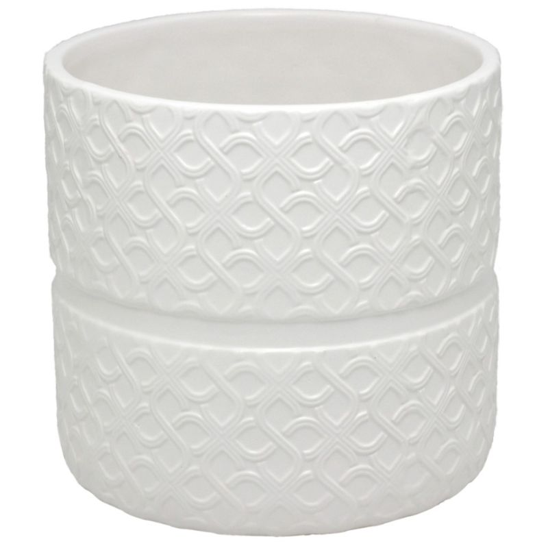 Round textured ceramic pot in matte white, perfect for indoor plants, featuring a modern design and durable high-quality finish.