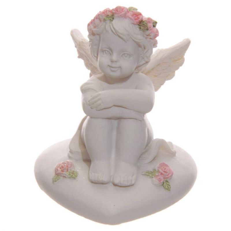 Ornament - Cherubs With Pink Roses Sitting on a Heart (Set of 4 Assorted)