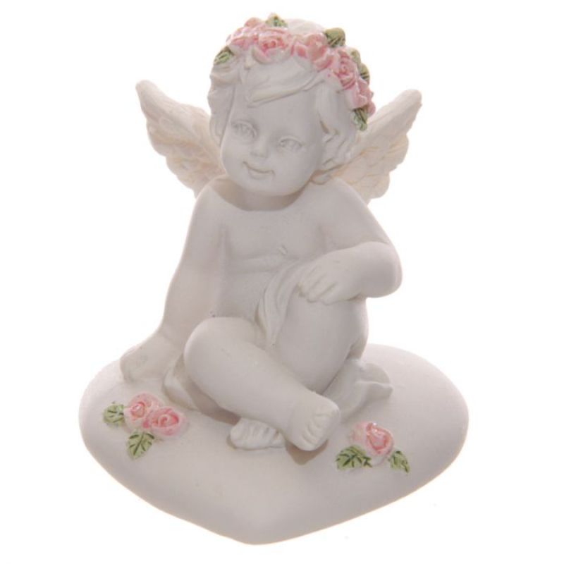 Ornament - Cherubs With Pink Roses Sitting on a Heart (Set of 4 Assorted)