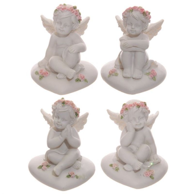 Ornament - Cherubs With Pink Roses Sitting on a Heart (Set of 4 Assorted)