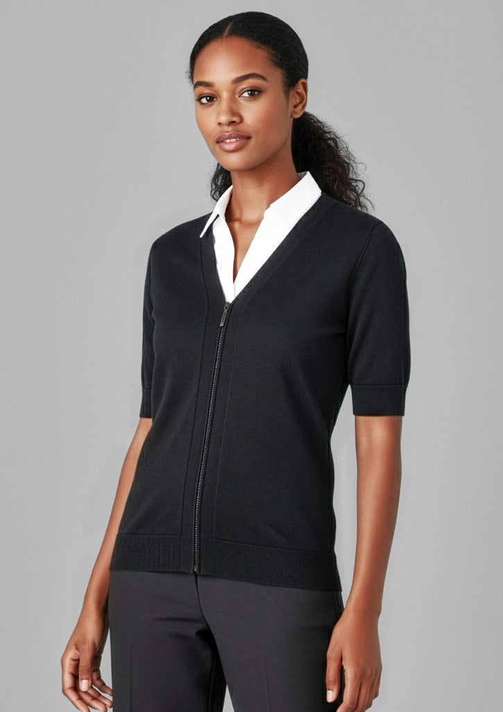 Zip Front Womens Short Sleeve Knit Cardigan - Charcoal