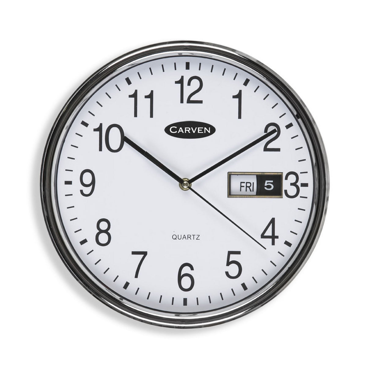 White Carven wall clock with date, 285mm, large numbers, silver frame, and glass face. Requires AA battery.