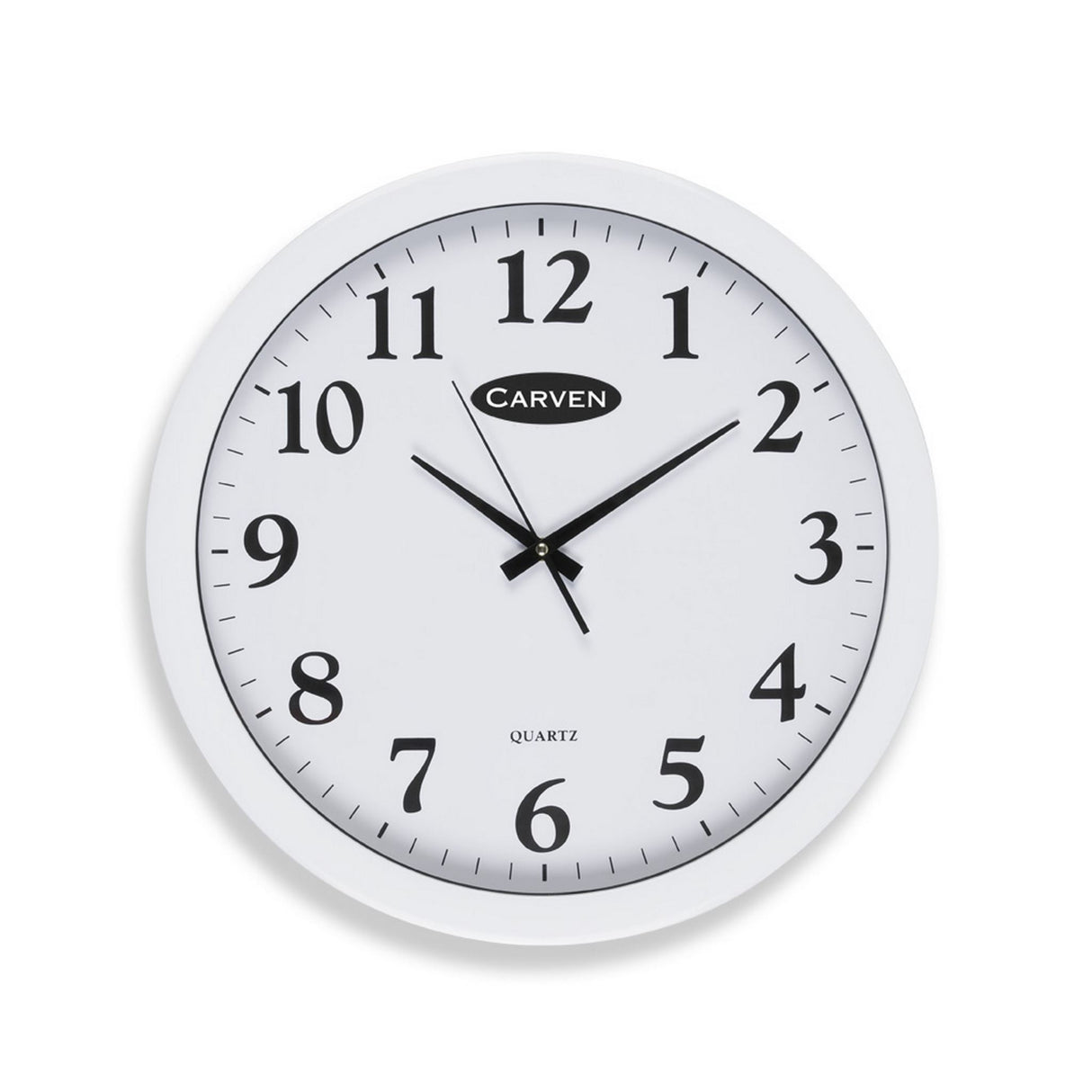 Large white wall-mounted analogue clock with clear numbers and a glass face, 450mm diameter.