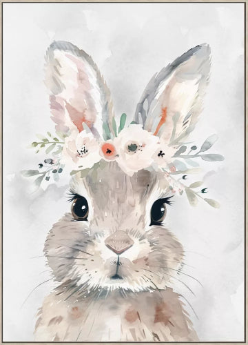 Flower Bunny White Washed Framed Kids Wall Art 50x70cm