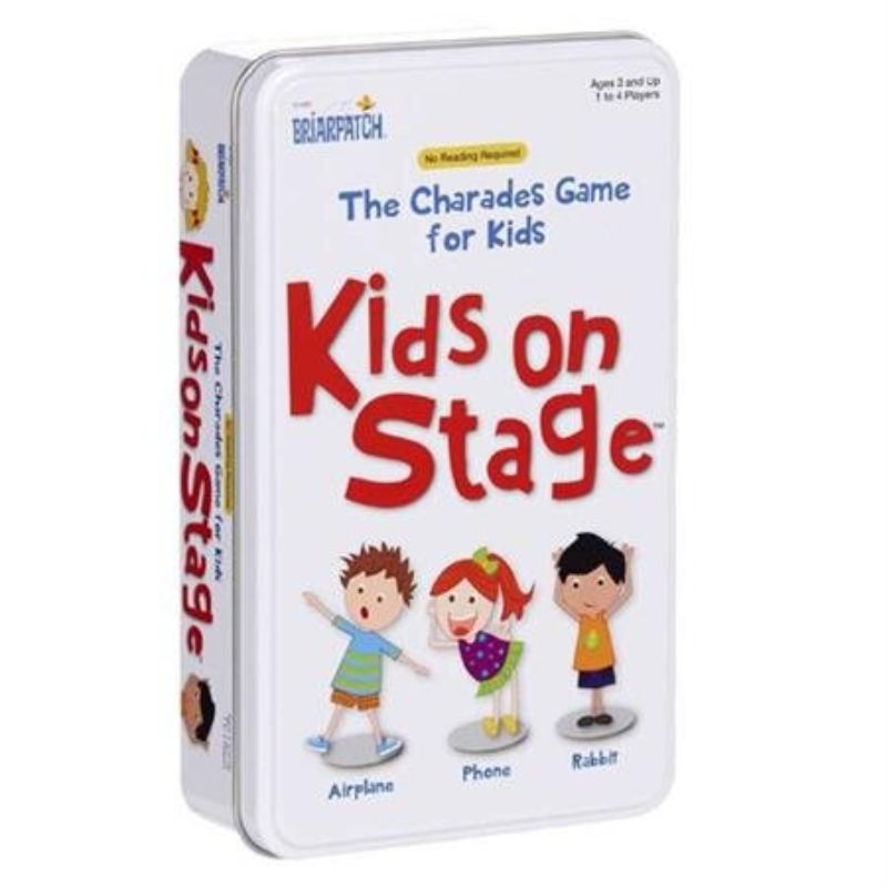 Colorful tin box for the Kids on Stage game featuring acting prompts to boost confidence and communication skills.