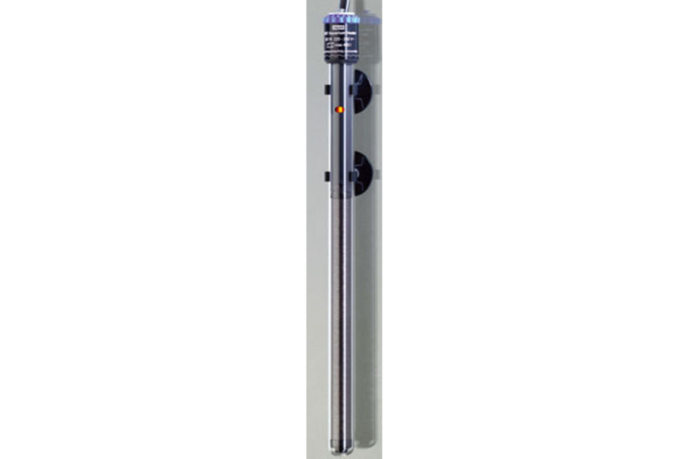Jager Heater 200w, a fully submersible aquarium heater for 400L tanks, offering precise control from 18-34°C in durable glass.