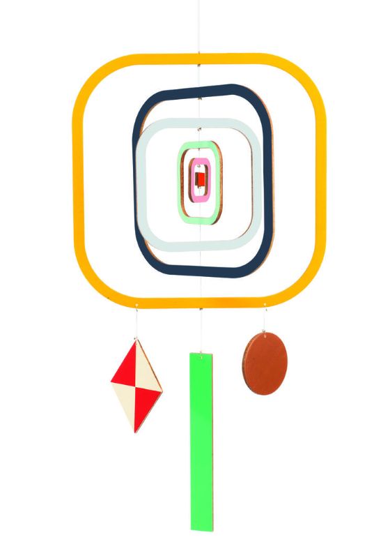 Contemporary wooden mobile with vibrant shapes, designed to enhance decor and engage viewers with serene movement.