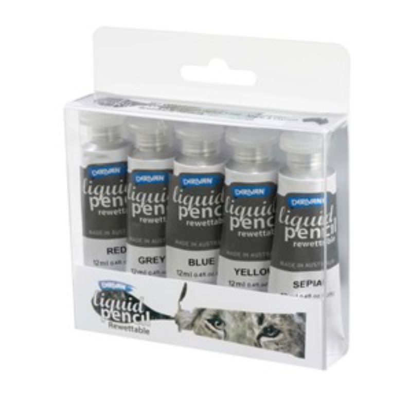 Derivan Liquid Pencil Set features 5 vibrant 12ml tubes, perfect for blending, reactivating with water, and creating stunning art.