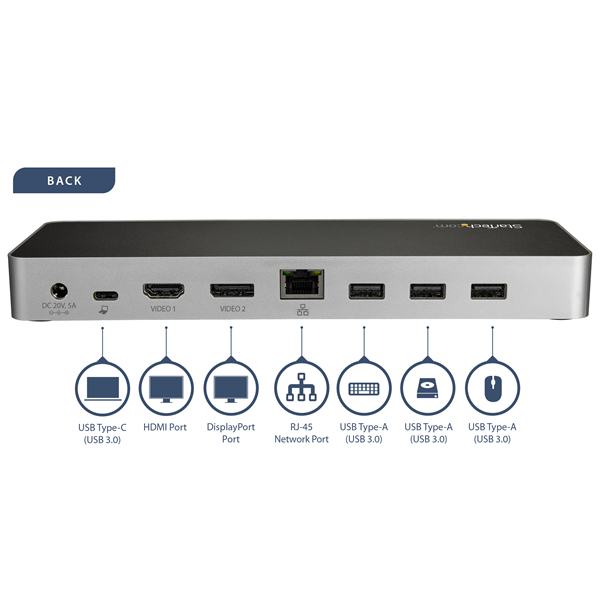 Dual Monitor USB C Dock - Windows/Mac - Dual 4K DP/HDMI - 60W Power Delivery, SD