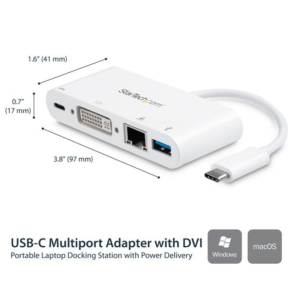 USB-C Multiport Adapter for Laptops - Power Delivery - DVI - GbE - USB 3.0