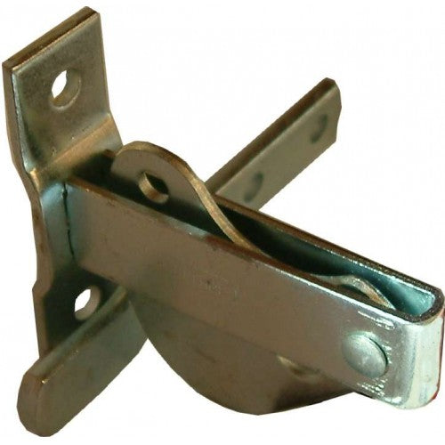 Heavy-duty galvanized D-type gate latch made from steel, featuring self-closing and locking capabilities for security.
