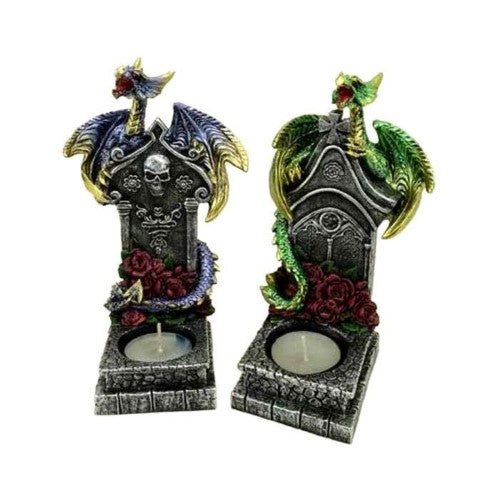 Candle Holder - Blue & Green Dragons on Graves Tea Light Holder (Set of 2 Asstd)