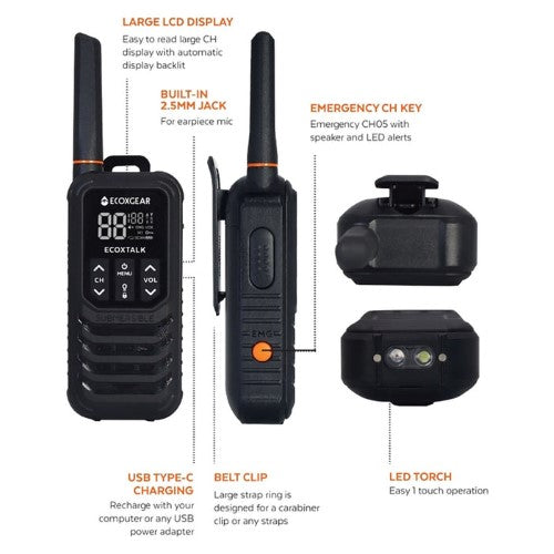 Ecoxgear Ecoxtalk 2-Watt IP67 Handheld UHF Radio 13km, Twin Pack