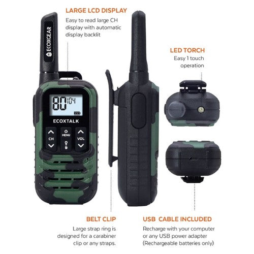 Ecoxgear Ecoxtalk 500mw Compact Handheld UHF Radio 3km Green Camo, 2’s Pack