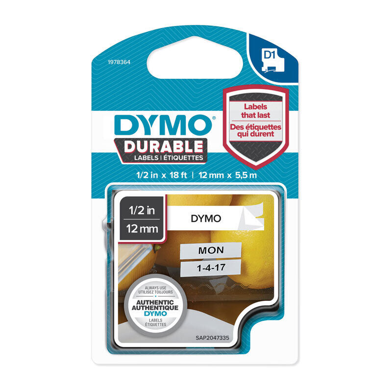 Dymo D1 Blk on Wht 12mm x 5.5m