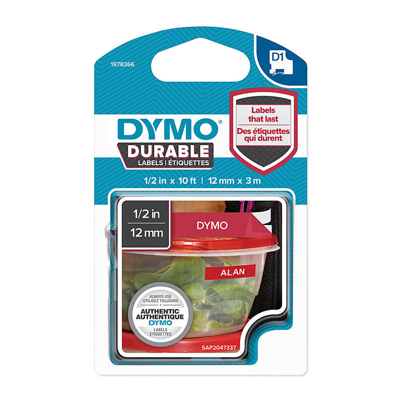 Dymo D1 Wht on Red 12mm x 3m
