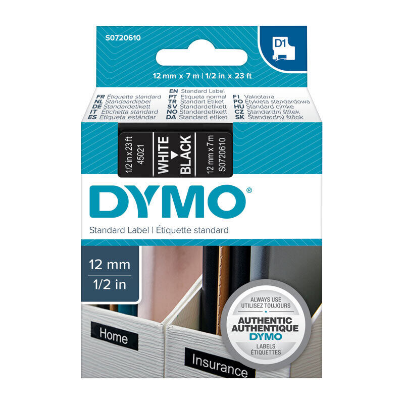 Dymo Wht on Blk 12mmx7m Tape