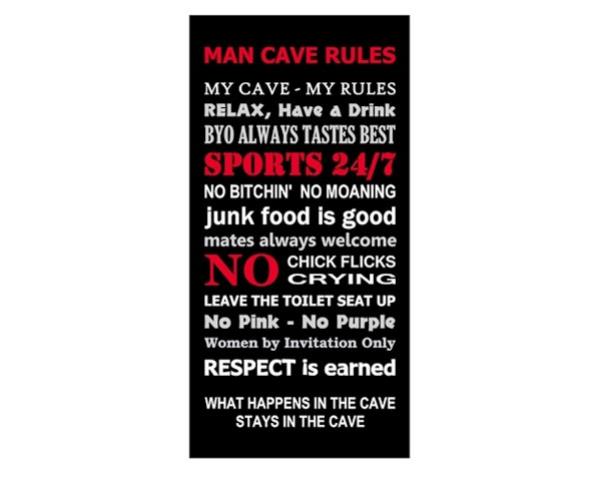 Bold wall art for Man Caves, measuring 60cm x 30cm, showcasing masculinity and individuality with easy hanging hooks.