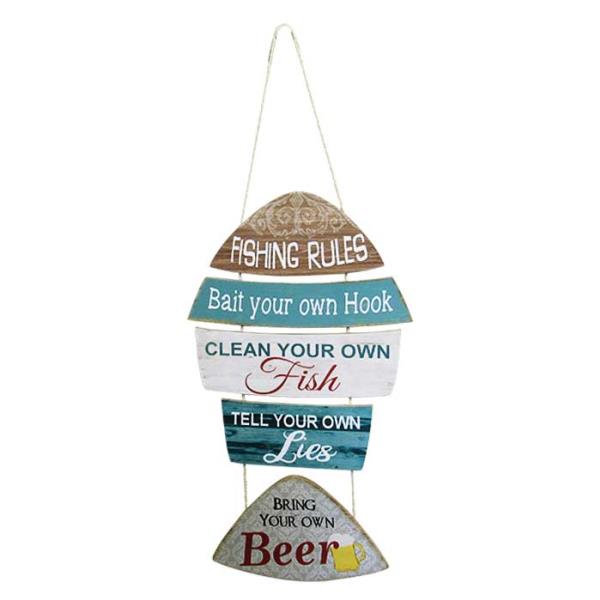 Charming MDF Fishing Rules Hanger Sign, 63 x 35 cm, ideal for decor in fishing-themed spaces with a rustic design.