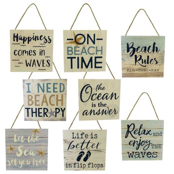 Set of 8 wooden beach signs with rope hangers, each 15 x 15 cm, perfect for coastal decor in any space.