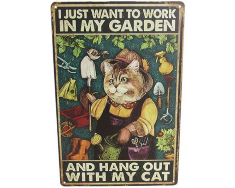 Colorful retro tin sign featuring a whimsical cat, perfect for garden and home decor, measuring 30cm x 20cm.