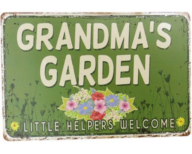 Colorful retro-style tin sign featuring "Grandma's Garden" for indoor or outdoor charm, measuring 30cm x 20cm.