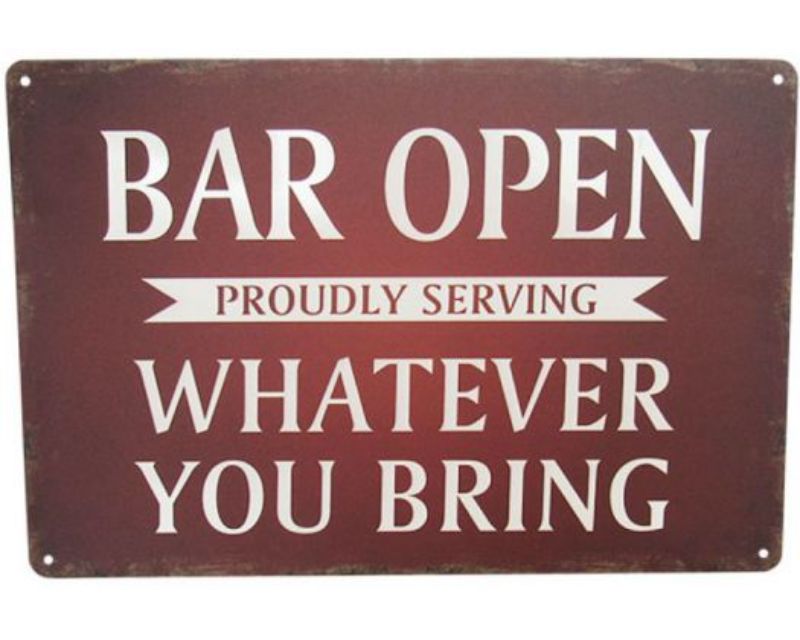 Retro metal "Open Bar" sign, 30cm x 20cm, vibrant colors perfect for home or bar decor, indoors or outdoors.
