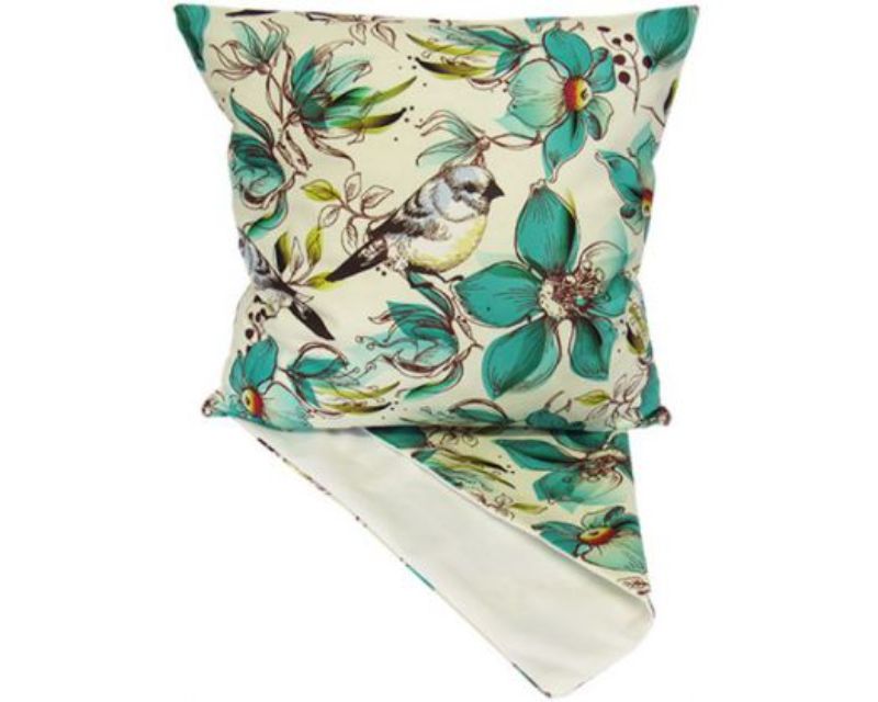 Cushion cover featuring vibrant birds and flowers design, perfect for enhancing home decor. Size 44 x 44 cm.