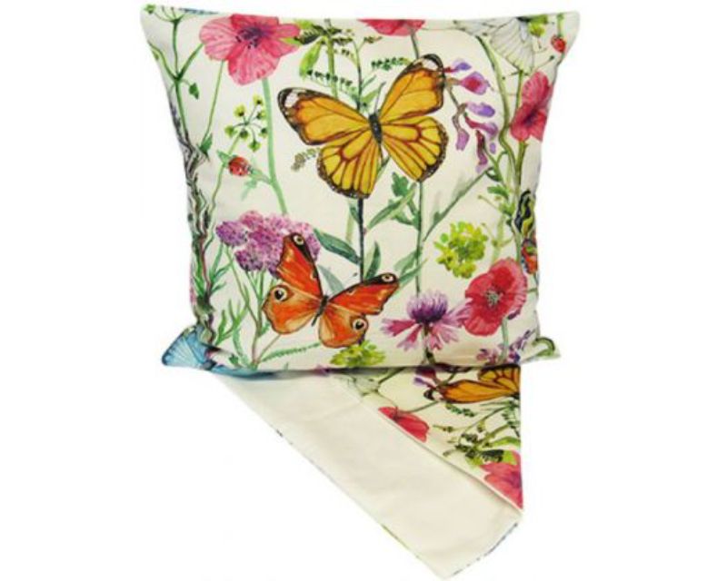 Cushion cover featuring vibrant wildflowers and butterflies, measuring 44 x 44 cm, perfect for adding nature-inspired décor.