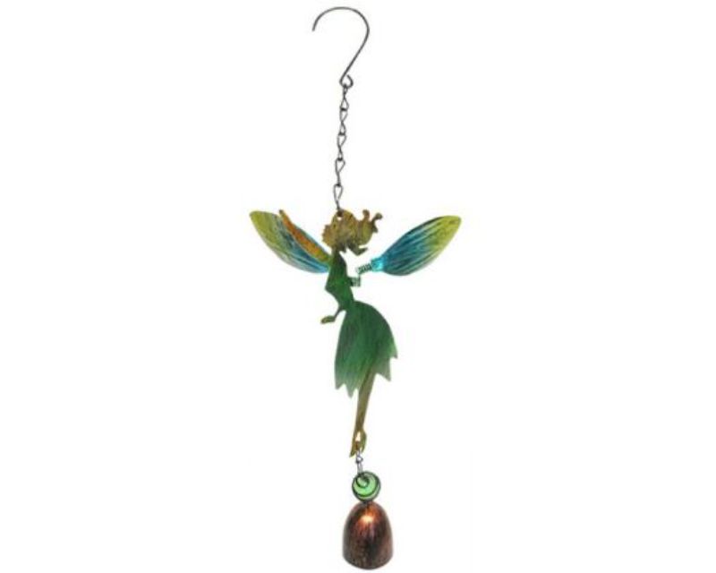 Enchanting green glass garden chime featuring a fairy with delicate wings, creating soothing sounds in outdoor spaces.