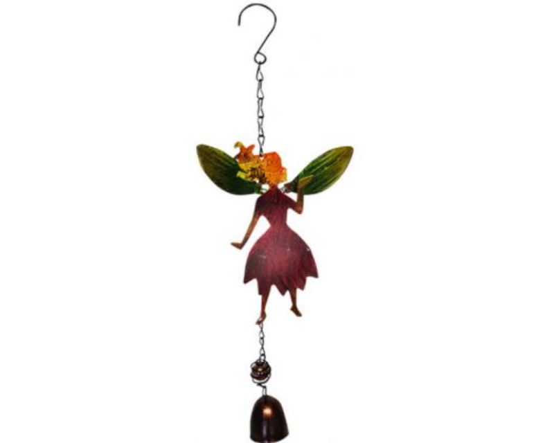 Vibrant red glass fairy garden chime with metal hanger and bell, measuring 33 cm long and 18 cm wide, adds whimsy to outdoor decor.