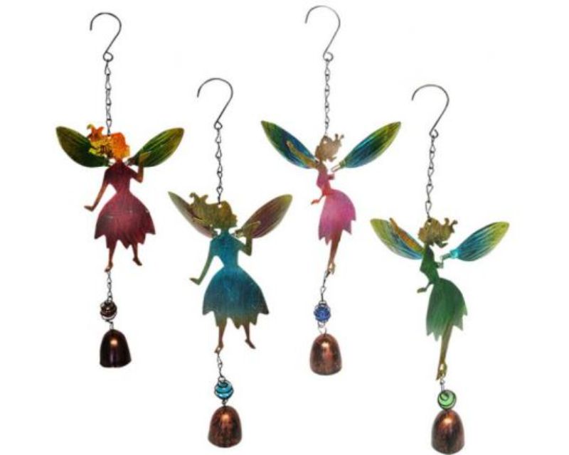 Set of 4 enchanting glass fairies on metal hangers with bells, perfect for adding whimsical charm to any garden.