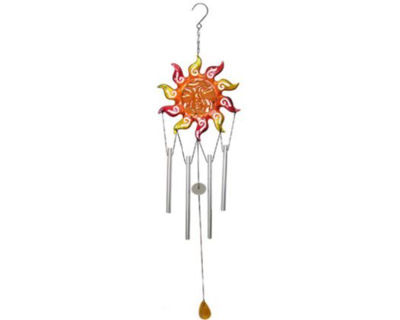 Vibrant red glass sun chimes with four soothing chimes, enhancing any outdoor space with beauty and tranquility.
