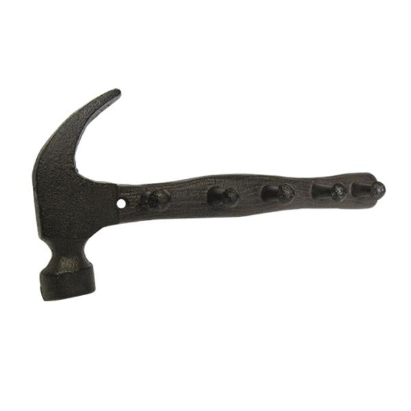Hammer-shaped cast iron wall hook with five sturdy coat hooks, perfect for organizing and stylish decor.