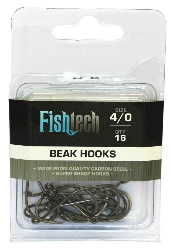 Pack of 16 Fishtech 4/0 Beak Hooks designed for durability and precision in various fishing techniques.