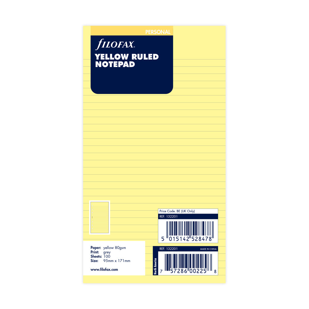 Filofax Organiser Refill Personal Notepad Ruled Yellow